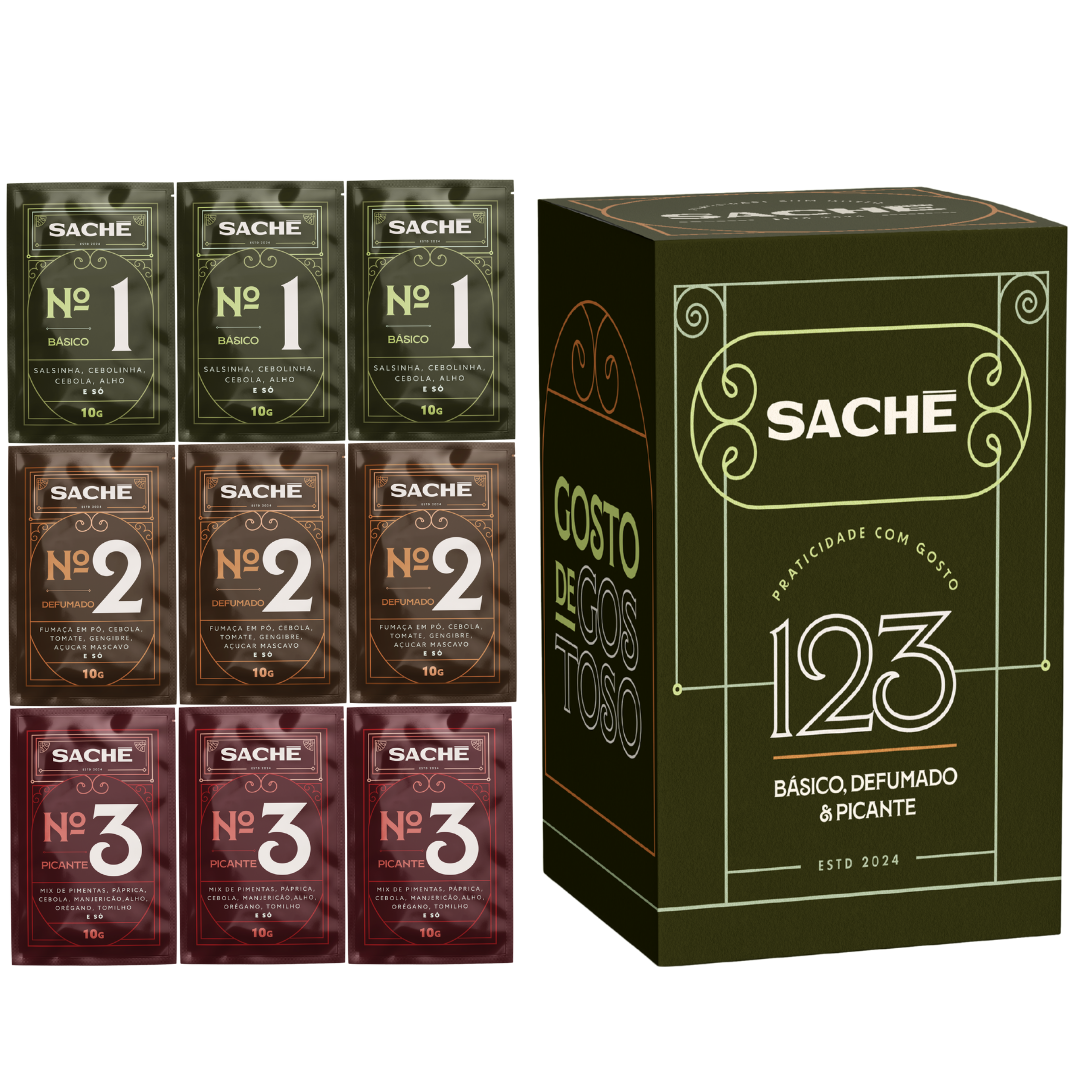 Caixa 9 Sachês | Tempero natural básico, defumado e picante