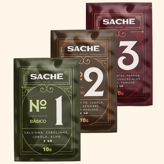 Um de cada | 3 Sachês de tempero natural Básico, Defumado e Picante